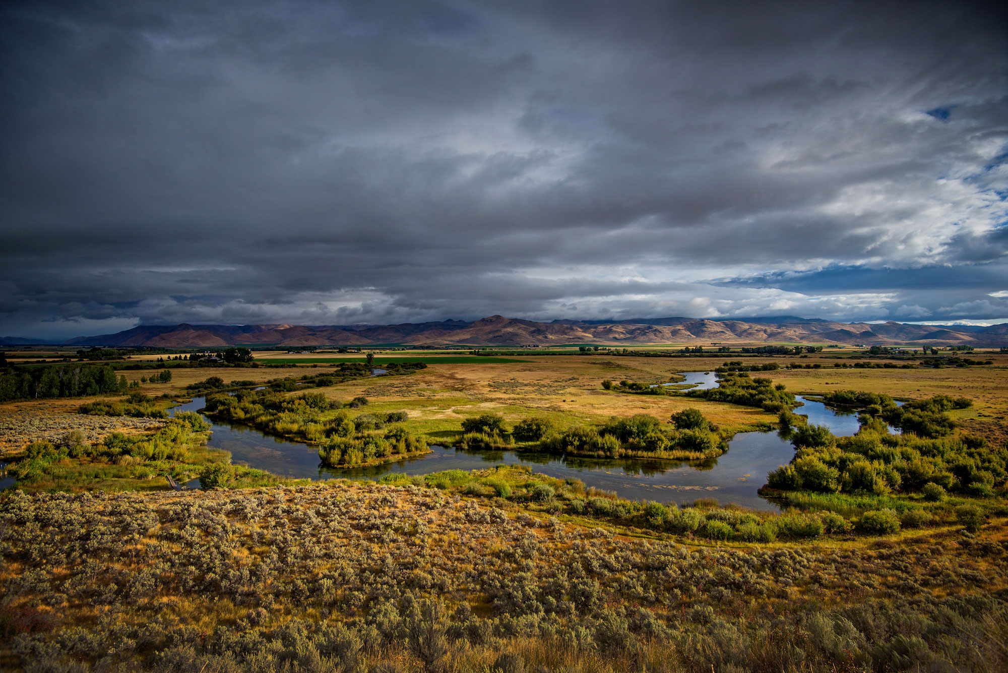 Photo: Arian Stevens. A winding river flows through a green, grassy plain under a dramatic, cloudy sky, perfect for Sun Valley Fly Fishing, with distant mountains on the horizon and patches of sunlight illuminating parts of the landscape.