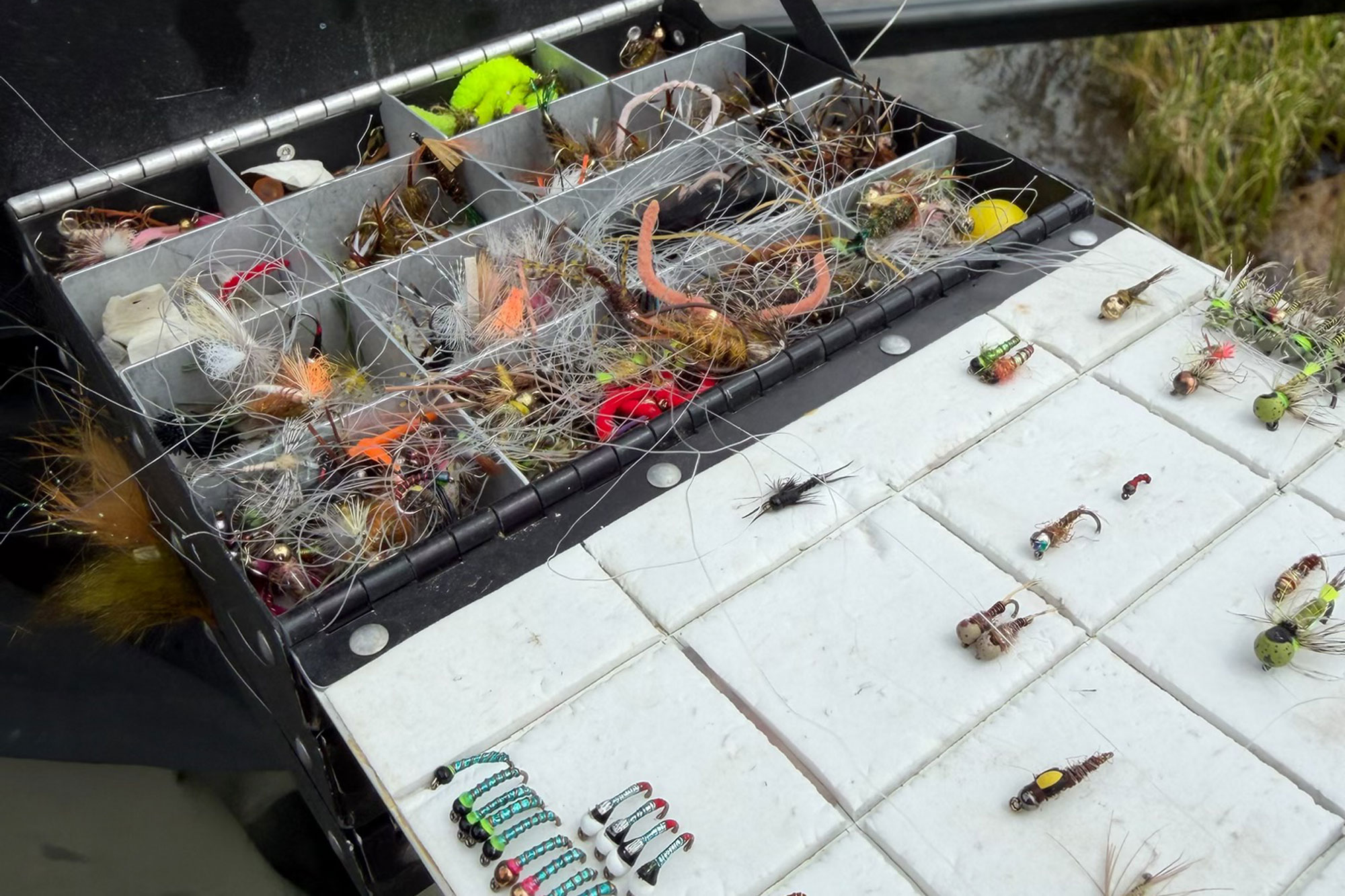 Fly Fishing Tackle box showing different flies.