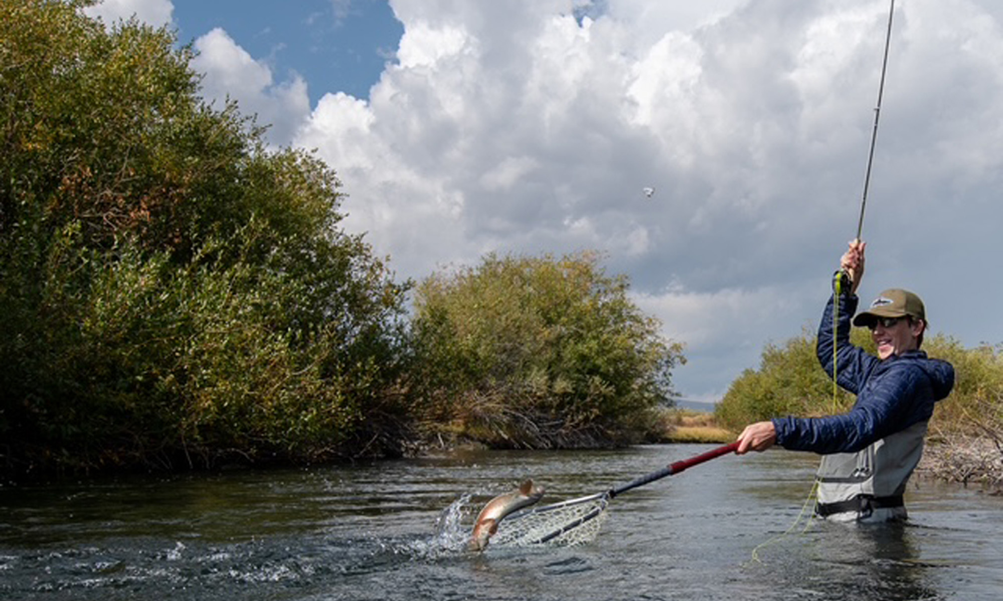 A person standing in a river uses a fishing rod to catch a fish, which is being lifted out of the water with a net. Bushes and a cloudy sky are in the background, capturing the essence of fall fly fishing in Idaho. Silver Creek Outfitters