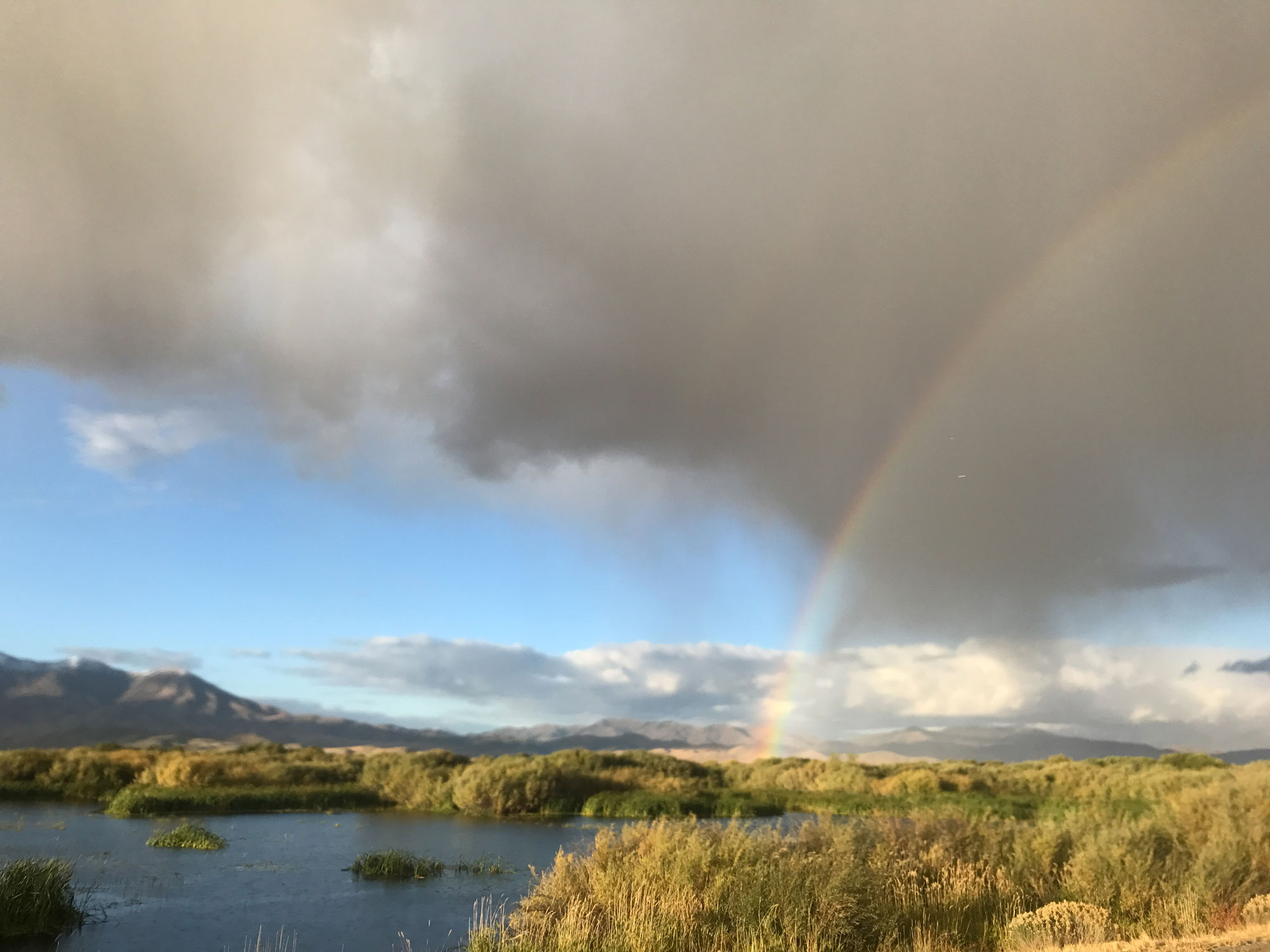 A faint rainbow appears under cloudy skies over a marsh with tall grasses and distant mountains, with sunlight breaking through the clouds—a serene scene that perfectly captures the spirit of fly fishing Idaho enthusiasts seek.