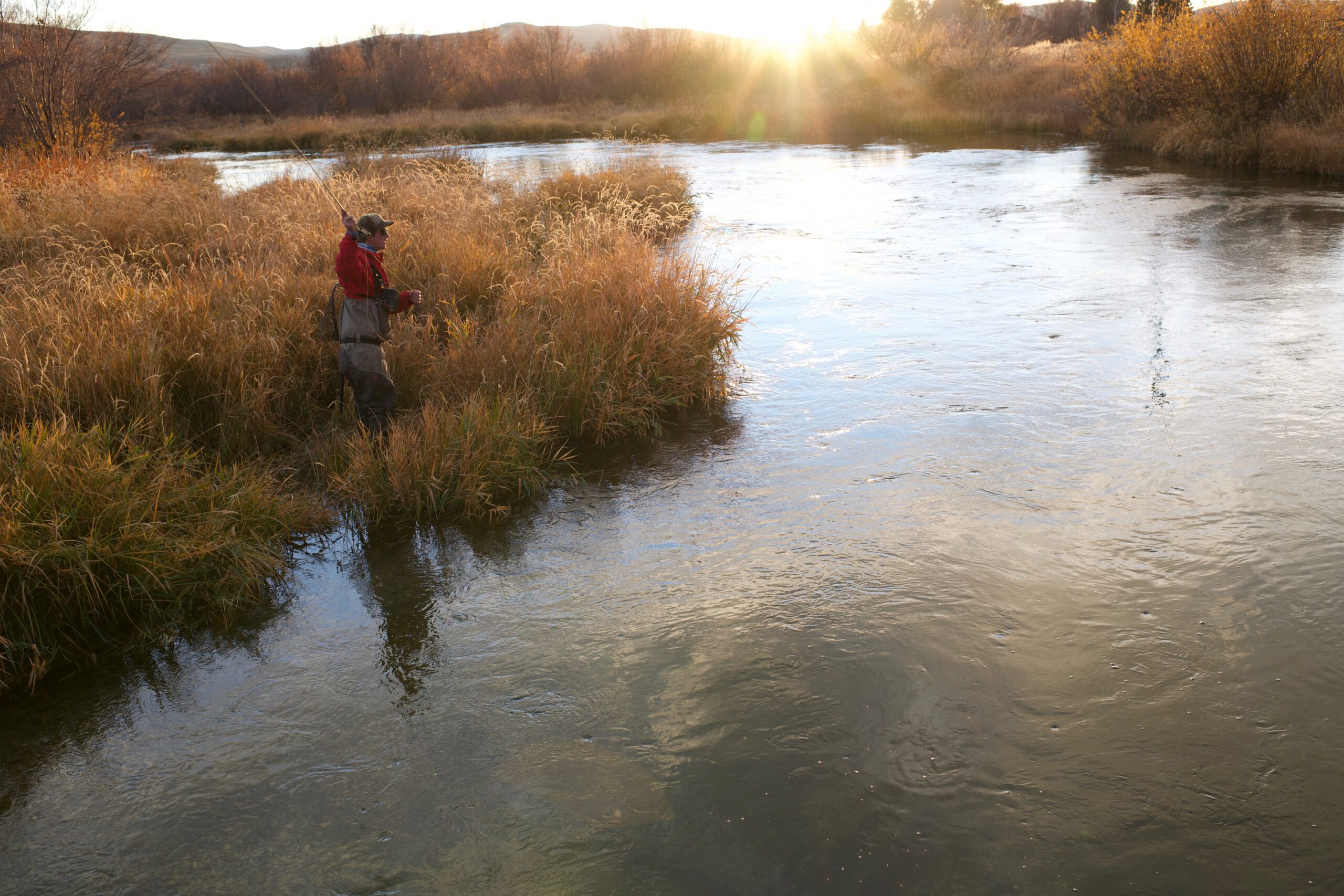 A person in fishing gear stands in tall, dry grass along a riverbank, casting a line into the water toward the sunset during fall fly fishing in Idaho. Silver Creek Outfitters Sun Valley Idaho